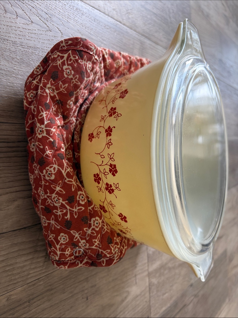Pyrex Yellow Mixing Bowl with Red Floral Pattern and Glass Lid